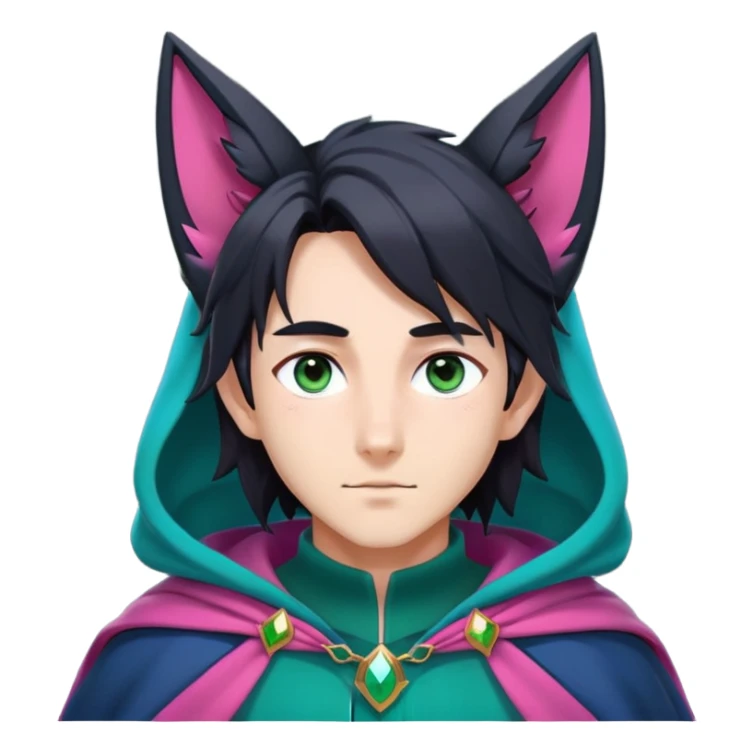 anime man with long-straight-dark-black-gradient hair, long black fox ears with pink Scapha, hazel-gradient-brown-turquoise eyes, gold earring, dark-blue-sweater, green cape,  sticker