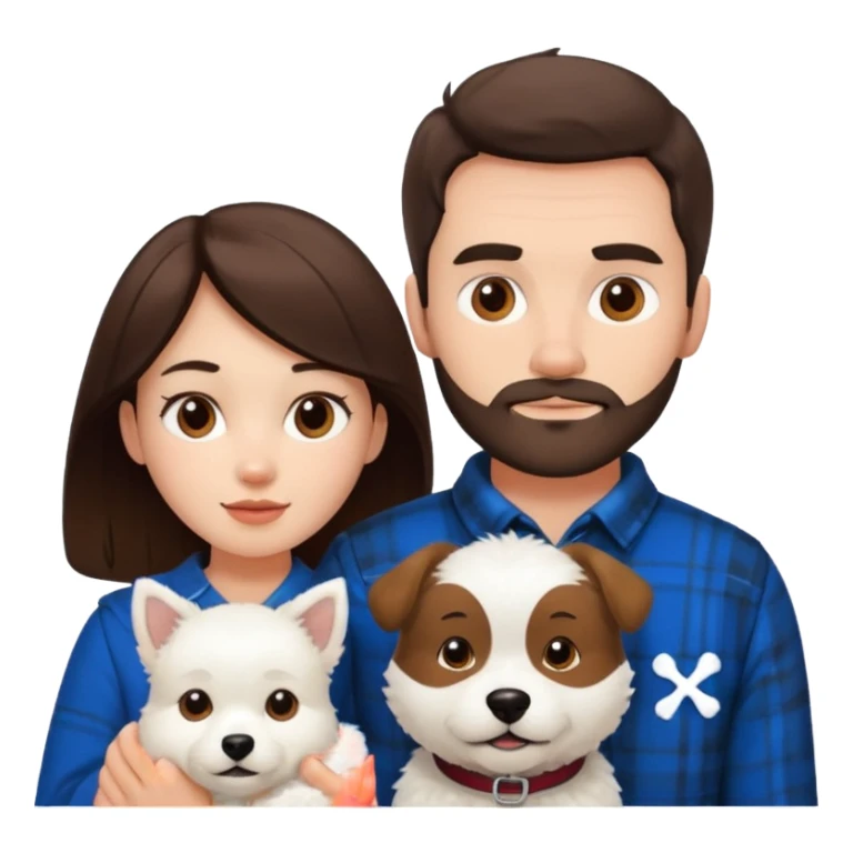 scottish man with stubble, brunette woman and white fluffy dog sticker