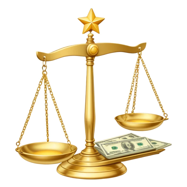A shiny gold balance scale with dollar bills on the left side and three stars on the right side sticker