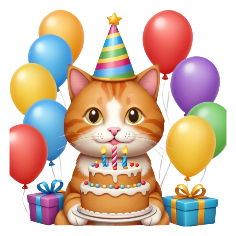 Ginger cat celebrates birthday, birthday hat, birthday cake, balloons, happy, gifts sticker
