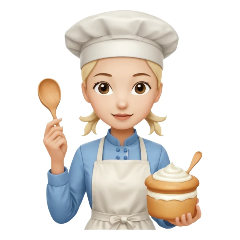 Young female pastry chef - single ponytail, apron, wearing a white hat, holding a cream bag sticker