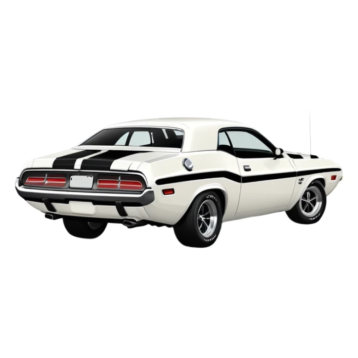 Minimalist white 1971 Dodge Challenger muscle car, side view, iconic white paint job, black stripe on the side, classic American muscle car from the movie Death Proof sticker