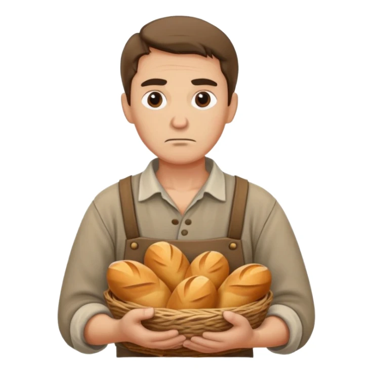 peasant in an old shirt photorealistic serious face with bread in hands sticker