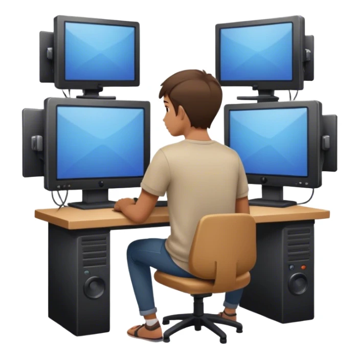 “A young man sitting with his back turned, surrounded by screens, editing a video.” sticker