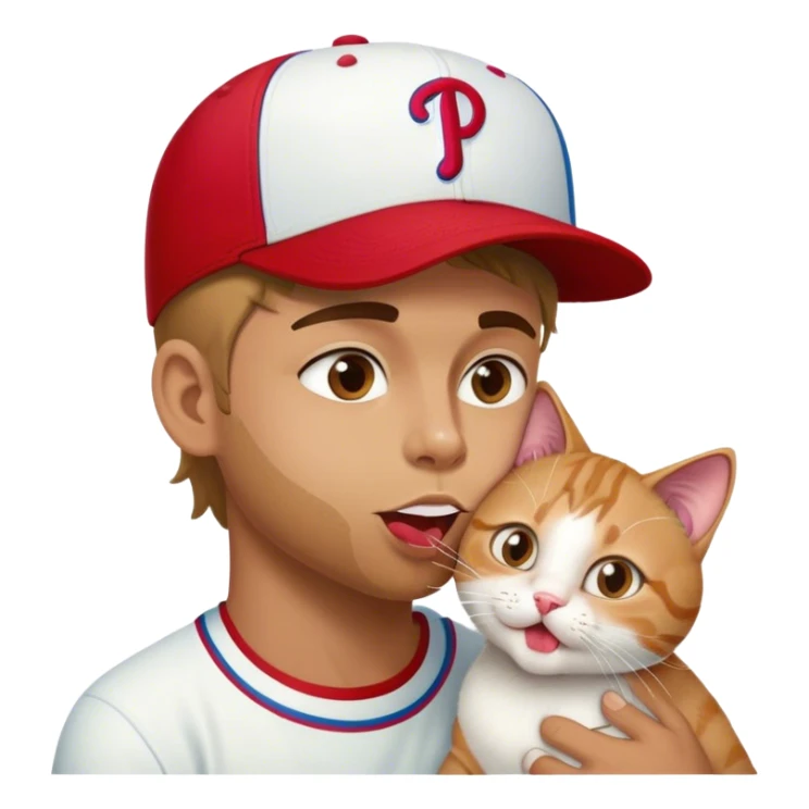 A guy wearing a Phillies hat licking a cat sticker
