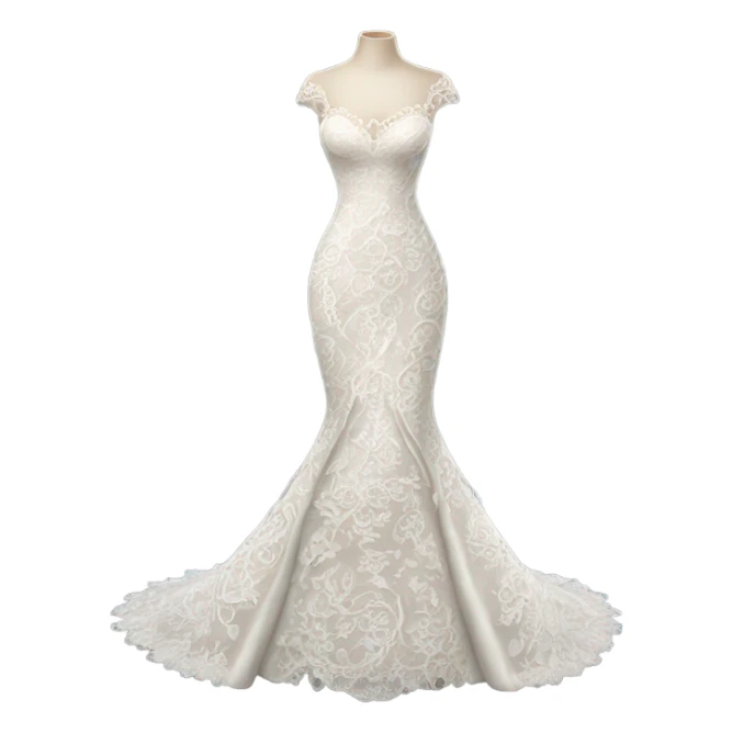 Hyper Realistic ornate Wedding dress displays fish tail with lace sticker