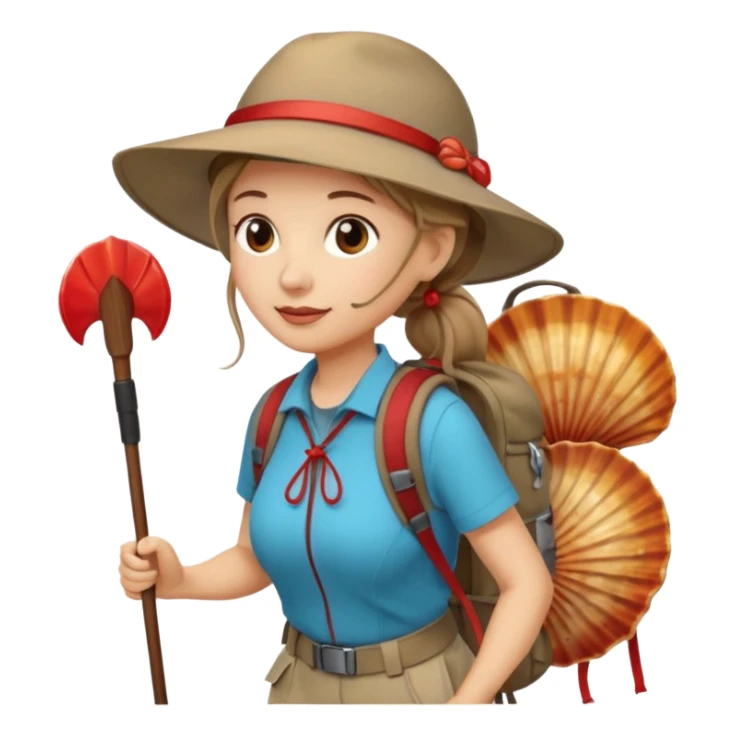 Middle aged women, long brown ponytail with wide brim hiking hat. With backpack and trekking poles. Backpack has a scallop shell with the cross of saint james hanging from it.  Remove the cross and add a scallop shell on a red string hanging from the backpack  sticker