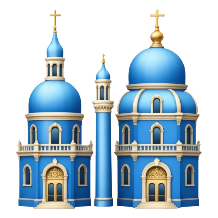 a single blue tile dome on the left and a tall four-tier baroque tower with ornate details on the right, inspired by California Building and California Tower, simple apple style emoji, white background sticker