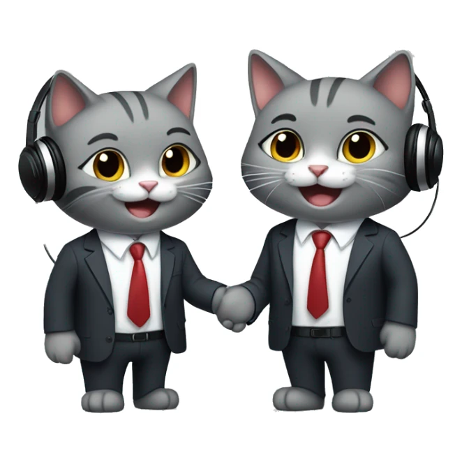 Two gray colored cats, wearing headphones, smiling, shaking hands in suits both wearing headphones.   sticker