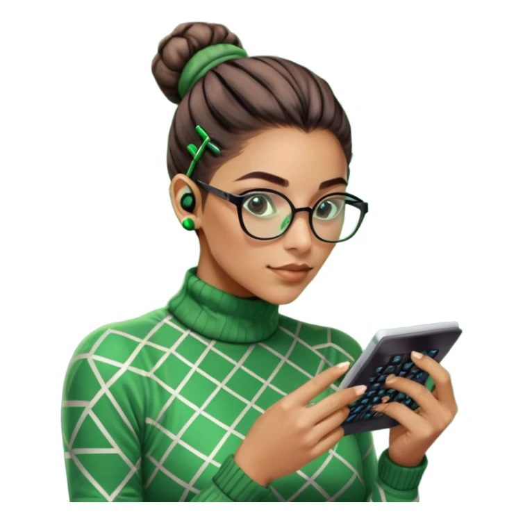 Gender: Non-binary Hair: Tight bun secured with calculator-shaped hairpin Face: Glasses reflecting scrolling green data streams Clothes: Geometric-patterned turtleneck with fingerless gloves Action: Floating in matrix-like numbers with Ctrl+C/V aura sticker