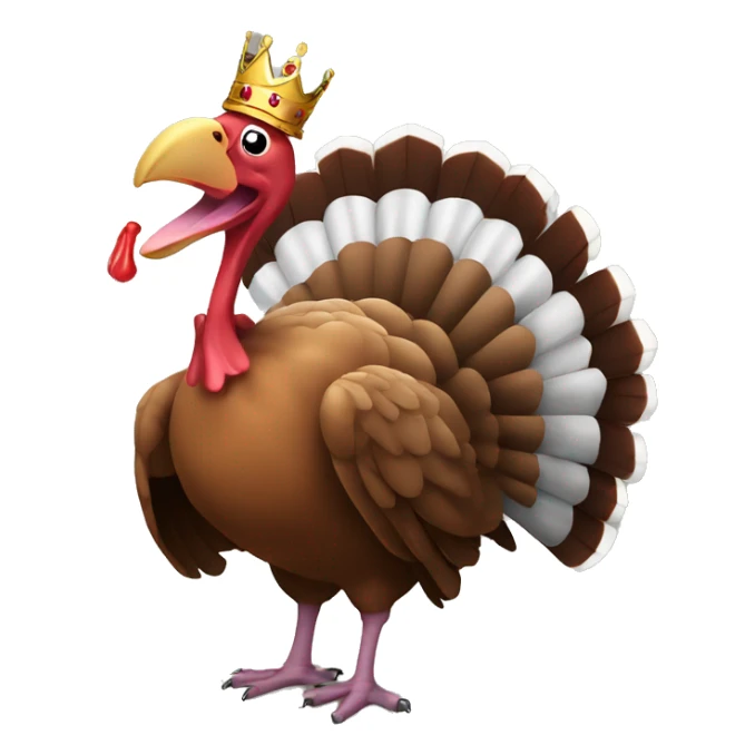 Turkey with its tongue out wearing a crown dancing and eating a turkey sticker