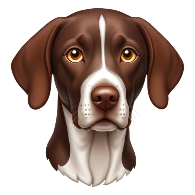 Cinematic German Pointer Portrait Emoji, Elegant and alert, sleek brown and white tones, Simplified yet sharp features, highly detailed, glowing with a warm, confident glow, high shine, intelligent and poised, stylized with an air of grace, focused and attentive, soft glowing outline, capturing the essence of agility and loyalty, so lifelike it feels as though it could spring into motion at any moment! sticker