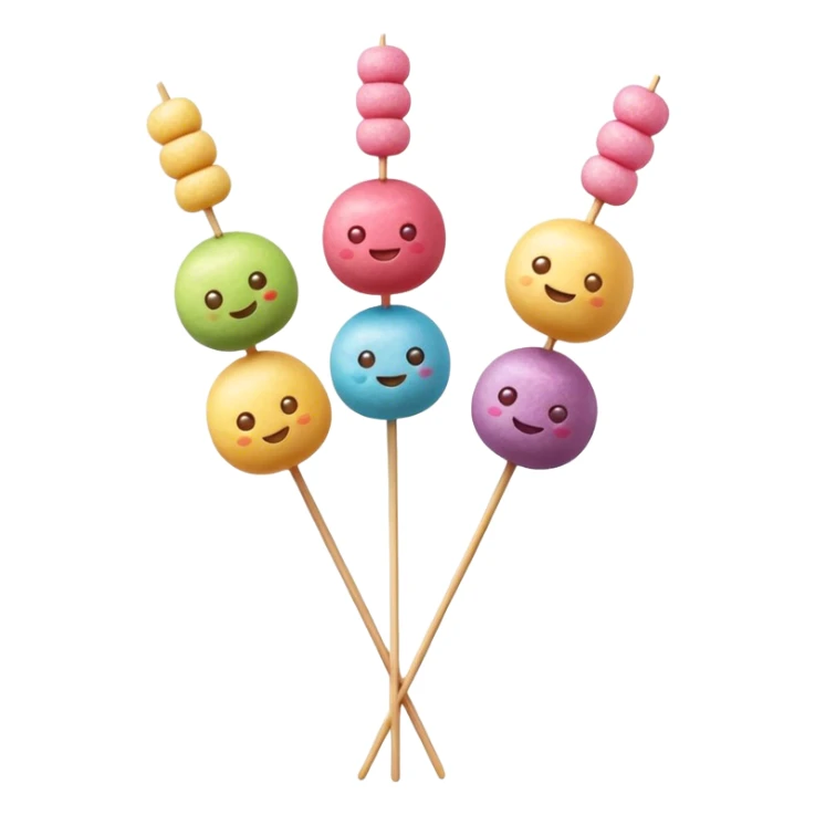 Dango Cinematic Realistic Dango Dessert Emoji, depicted as a skewer holding three colorful rice dumpling balls in different hues, rendered with delicate textures and soft, inviting lighting. sticker