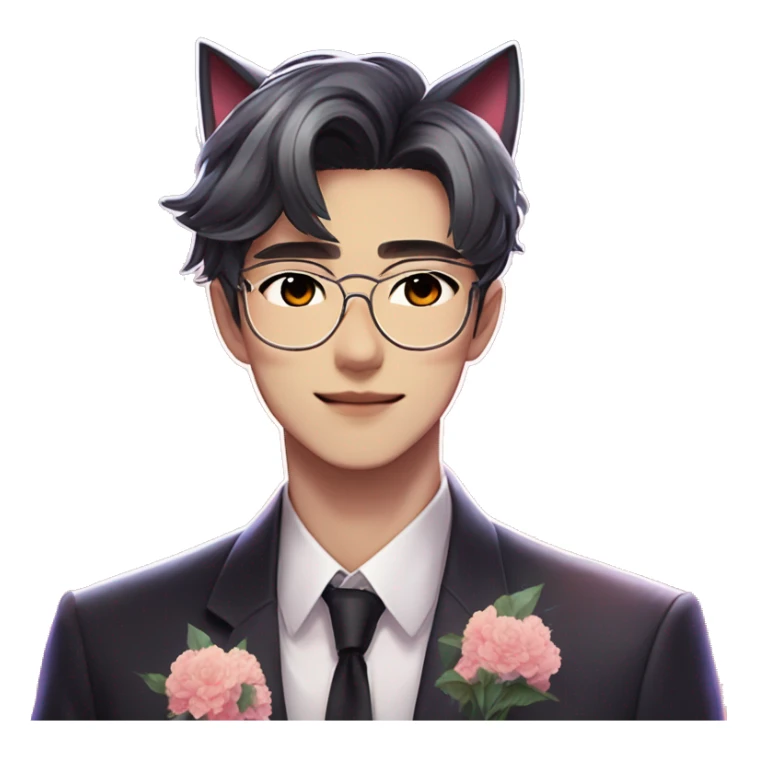 Gorgeous romantic anime style Asian formal modern gentlemanly guy with cat ears and flowers and blushing face aesthetic trending style outside with colorful gradient colors sticker