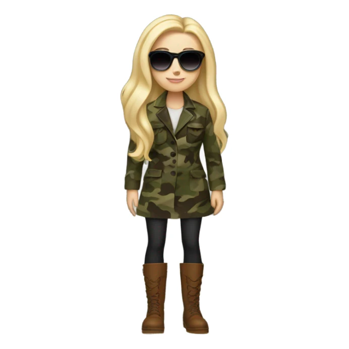 White girl with Long blonde hair and round Sun glases, camouflage Wool oversize blazer, mini dress and Brown leather boots  sticker