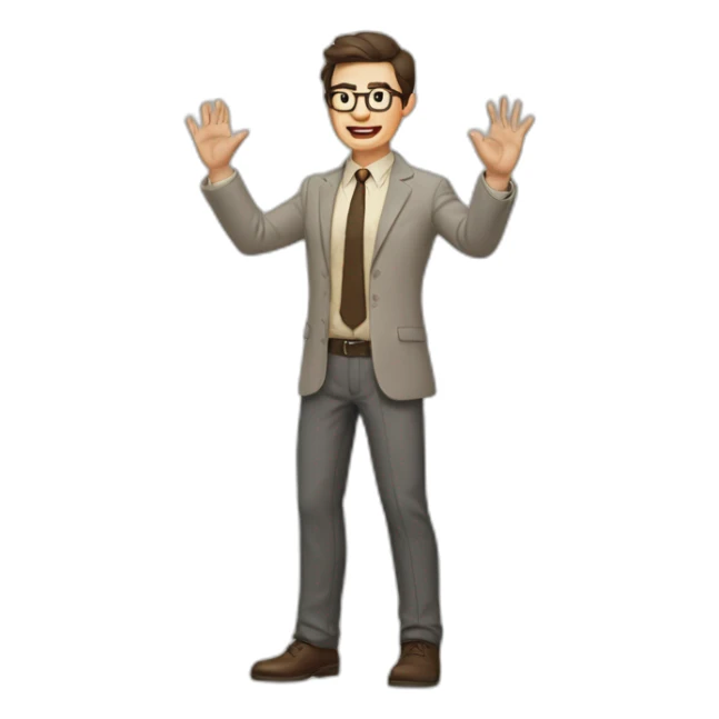 To belt Actively gesturing with hands Pale skinned fit man with dark brown hair in gray jacket, beige office shirt, brown tie, brown pants and vintage glasses. sticker