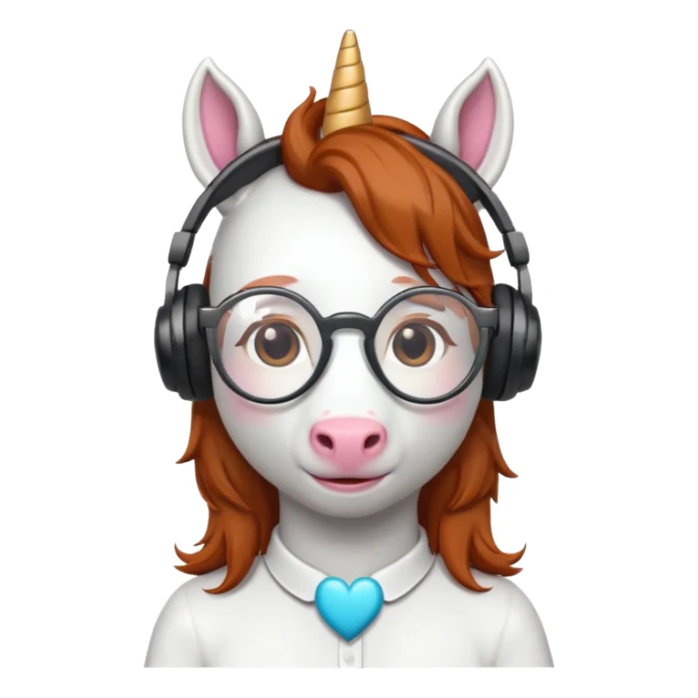 headphone wearing white unicorn with dark ginger hair and heart shaped spectacles sticker
