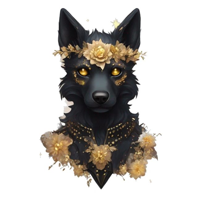 Black iridescent fluffy dog fox head zombie skeleton gold mechanical nebula galaxy stars flowers fairy lights vintage sticker