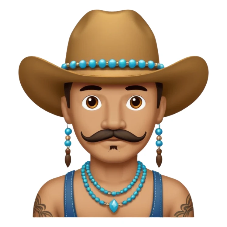 mustached cowboys with tattoos on face and bead sticker
