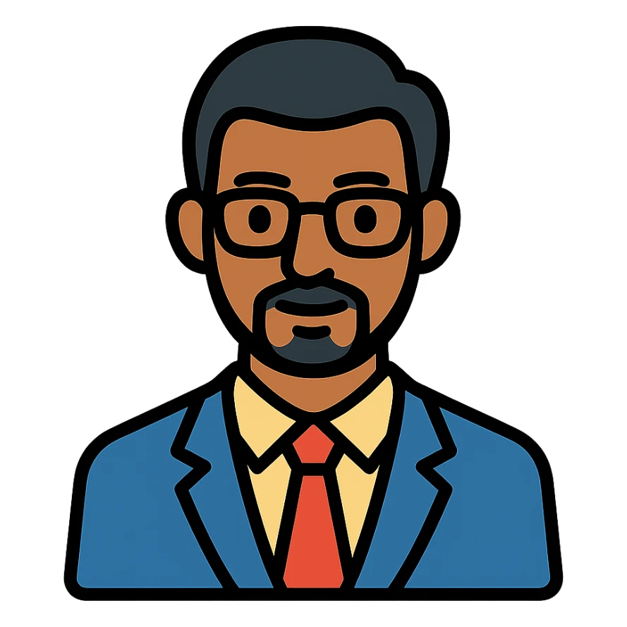 Indian finance bro with glasses, business attire, confident expression, color icon sticker