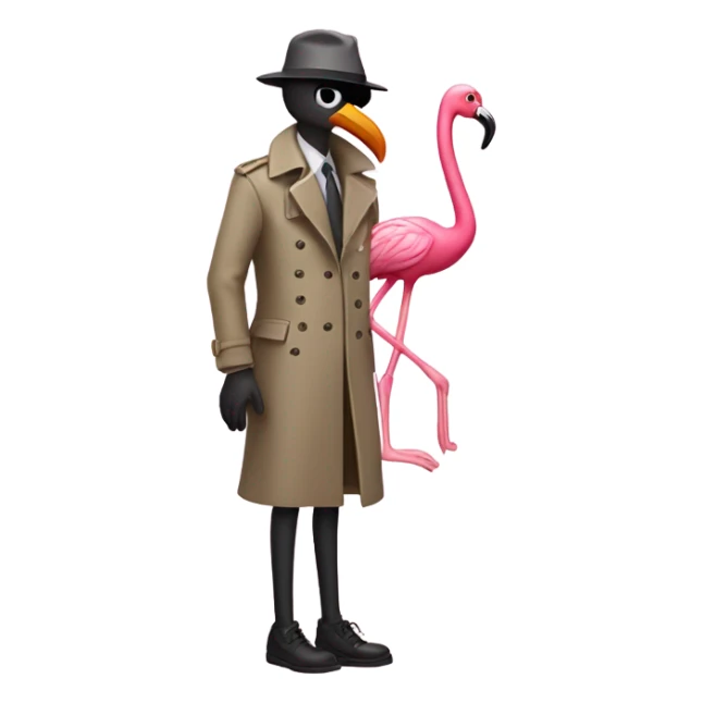 A flamingo in a detective trench coat, investigating a missing shoe sticker