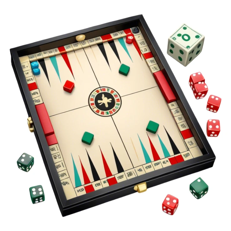 A photorealistic icon featuring a backgammon board with dice, a Monopoly board with money and property cards and a Game of Life spinner. The design captures the detailed textures of the boards, pieces, and accessories. Transparent background. sticker