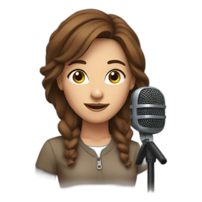 woman with brown hair and microphone sticker