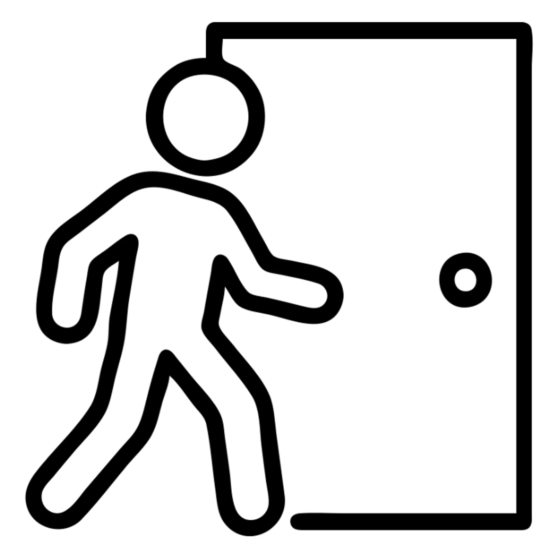 minimalistic icon of a white human figure walking through an open outlined door, viewed from the front, door with visible doorknob, solid green background, flat simple clean lines, high contrast sticker