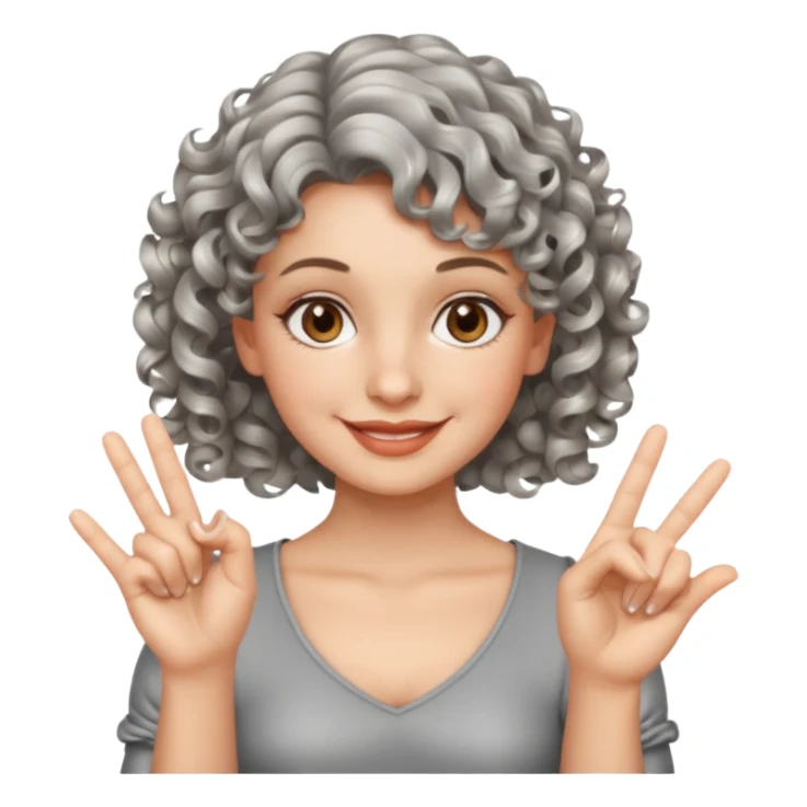 silver, short, wavy-haired with curls, smiling pretty lady, index and middle fingers crossed on one hand, hazel eyes sticker