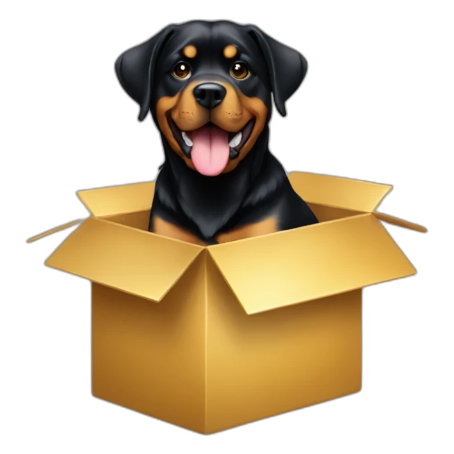 A Rottweiller with a golden in box sticker