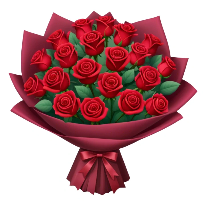 Bouquet of red roses in a burgundy package sticker