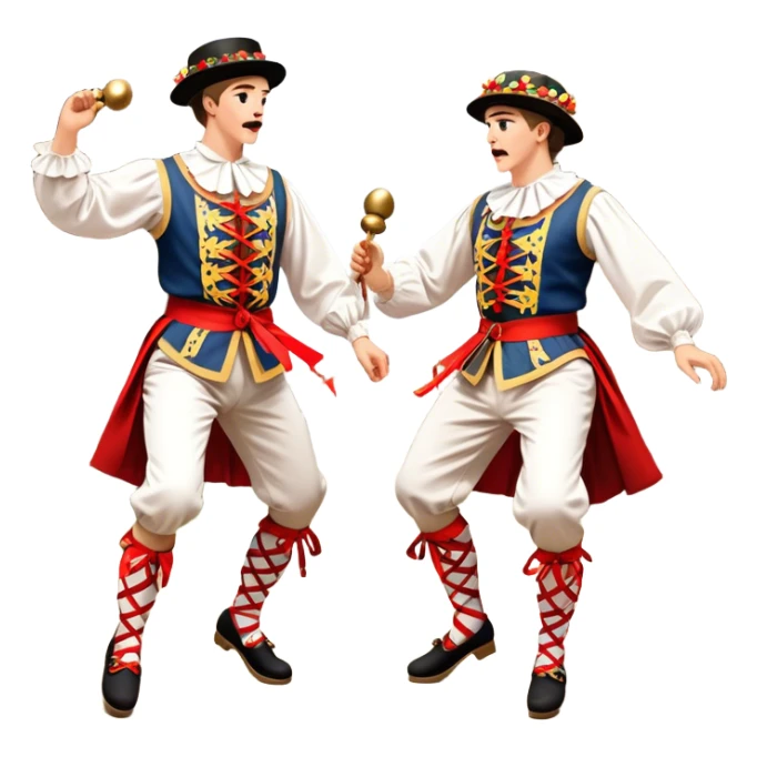 Cinematic Realistic scene of two performers executing a Morris Dance in full traditional costume—with bells, ribbons, and clogs—captured in dynamic motion against a rustic English backdrop and warm, golden lighting sticker