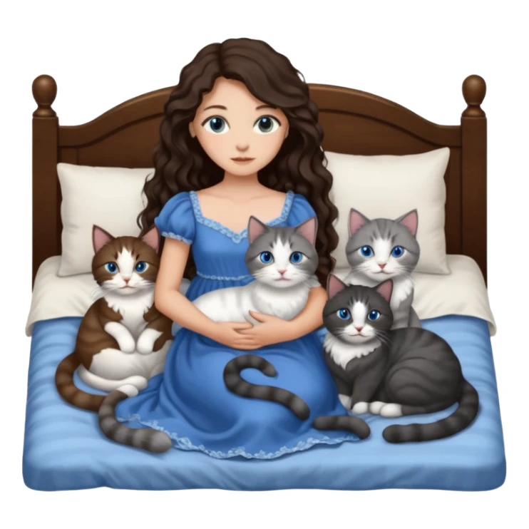detailed realistic looking a dark grey and white cat regally laying with six other cats, cuddling with their owner in bed who is a pretty bratz lightly tanned white girl with long dark brown hair, blue eyes and gorgeous long wavy hair wearing a pretty detailed dress sticker