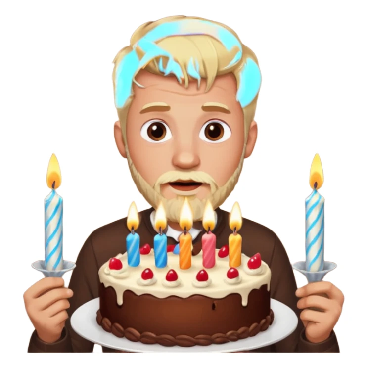 chocolate birthday cake with eyes and thin candles and blond beard sticker