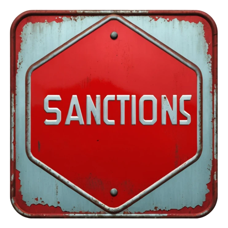 red, road sign, hexagonal, with the inscription SANCTIONS sticker