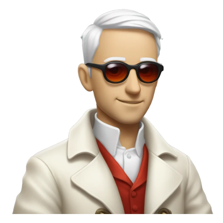 <excerpt>
A white man with real short hair, short mutton shops donning small red tinted sun glasses in a dirty white trench coat, is an alchemist.
</excerpt> sticker