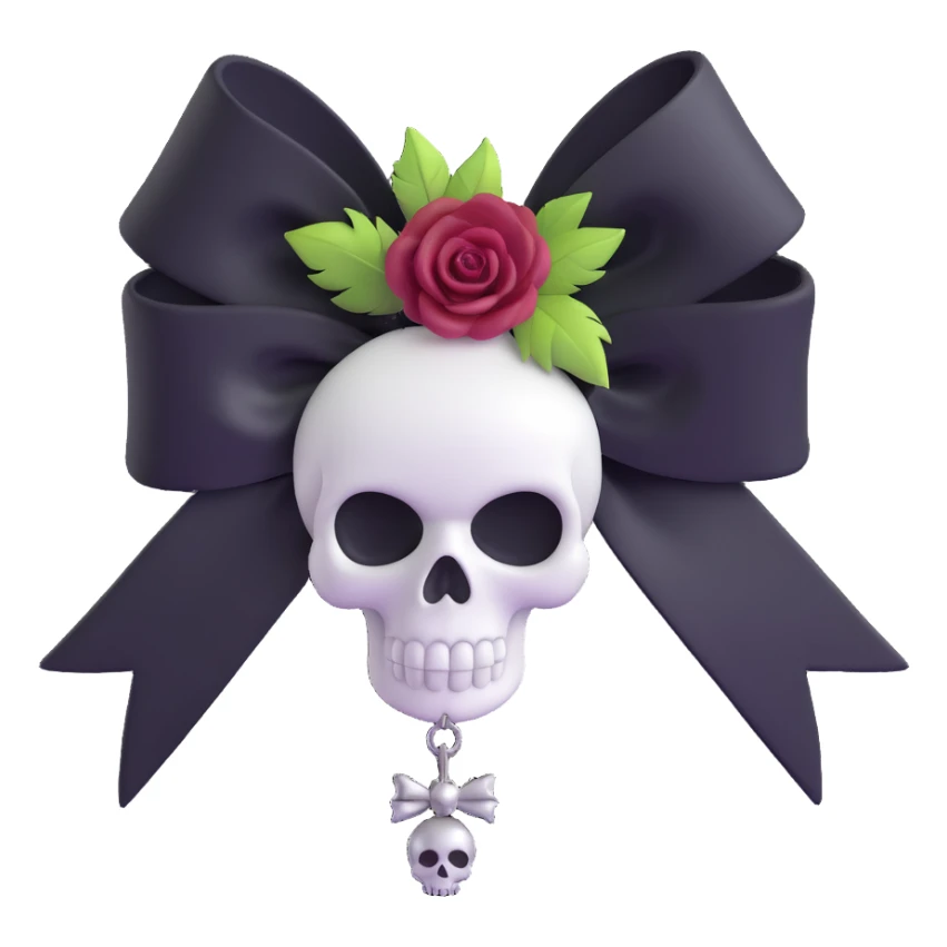 3D emoji gothic bow, white satin, silver skull charm, black rose center, feather accents sticker