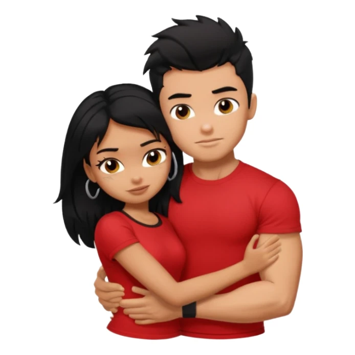 generate a pretty tan bratz boy hugging a fair black haired gf. The guy has black messy hair, lean but muscled and wearing a red tshirt sticker
