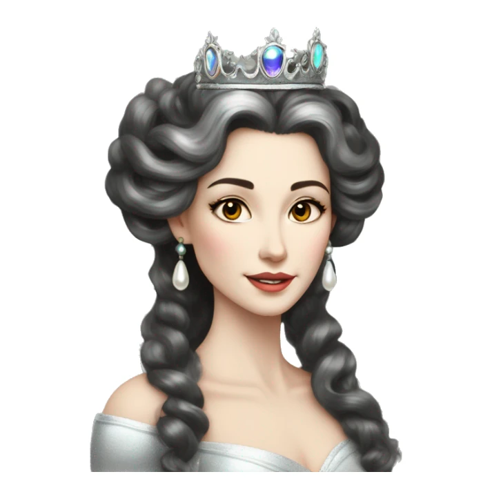 Regal pretty slender middle age woman photograph defined cheekbones high cheekbones crown vintage with very long iridescent black and silver hair wavy long hair pearl crown iridescent sticker