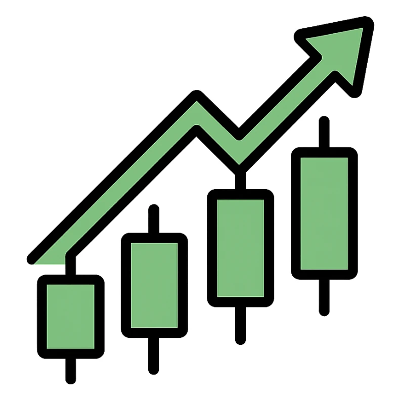 Create a minimalistic green candlestick chart going up with soft color fill and bold black outline, including an upward arrow. The style should match the provided reference image's style with a transparent background. No text or extra elements. sticker