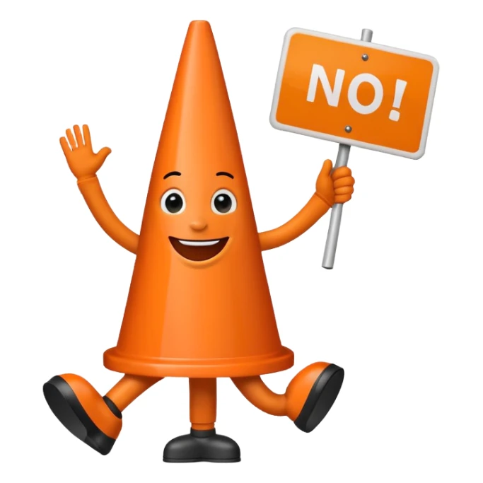 orange traffic cone with three legs dancing with sign in his hand saying “No a i” sticker