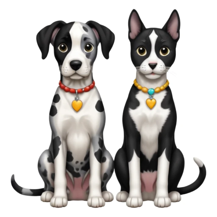 Harlequin great dane dog sitting with a black and white cat sticker