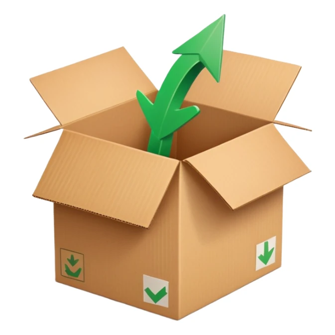 closed cardboard box with a circular arrow and a green checkmark inside the arrow, positioned above the box in the upper right corner sticker