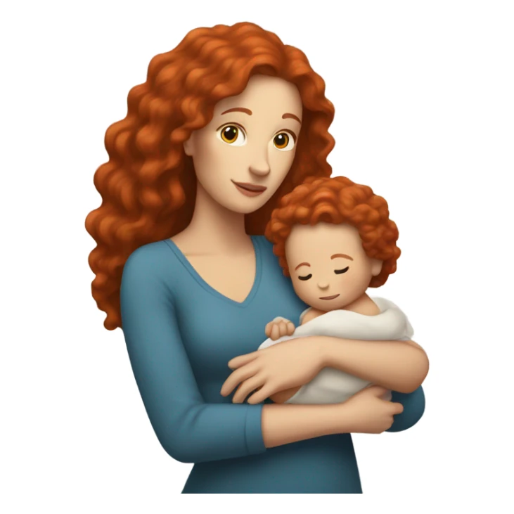 white woman long red curly hair holding bald infant sticker