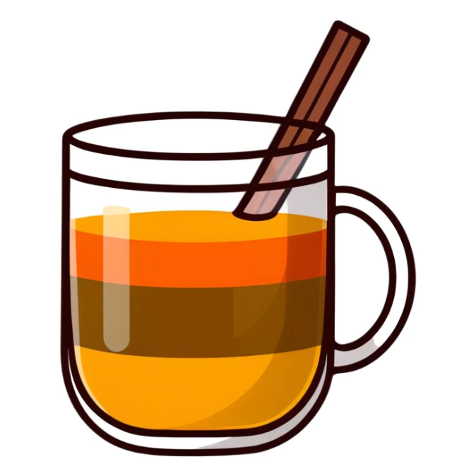 small transparent glass with layered carajillo - yellow-orange liquor visible at bottom, coffee layer on top, with cantaloupe melon slice alongside sticker