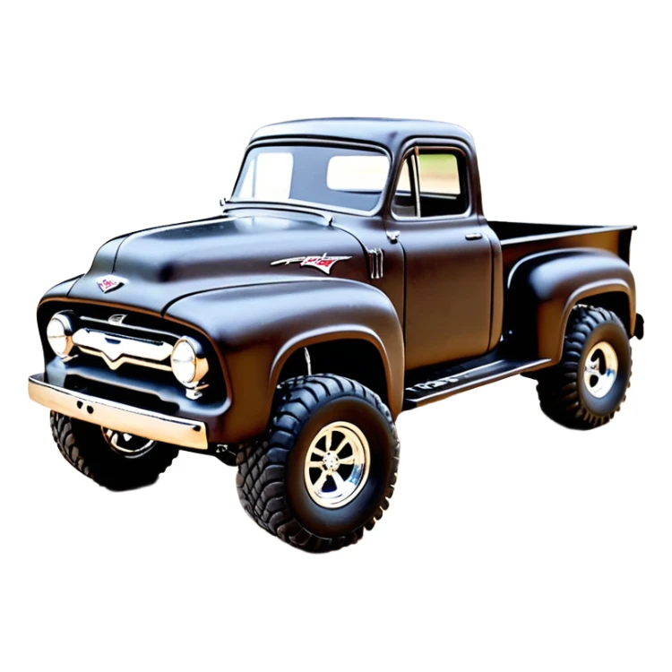 1:10 off-road lcg smoking rusting Arrma Traxxas Basher style Wednesday Adam’s 1954 blackened tarnished hotrod utility streamlined anime Ford extended cab rc bulging pickup (extra wide low-profile pin tires chrome wheels with fenders) sticker