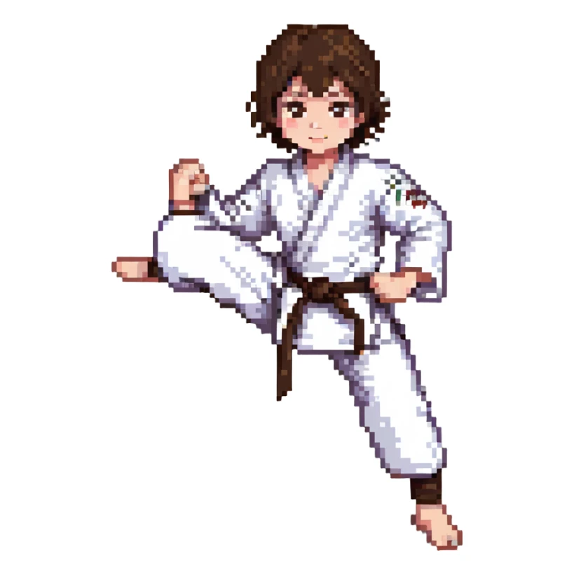 white skin adolescent with very short brown hair and brown eyes practicing martial arts sticker