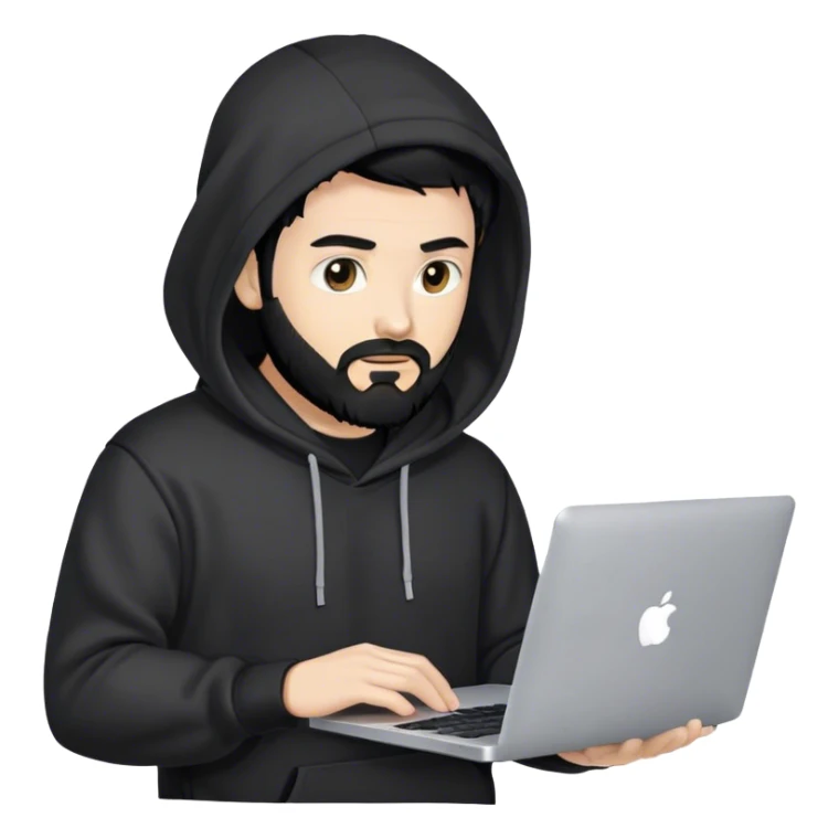 hackeur blanc cheveux noir barbe et capuche noir avec un macbook sticker