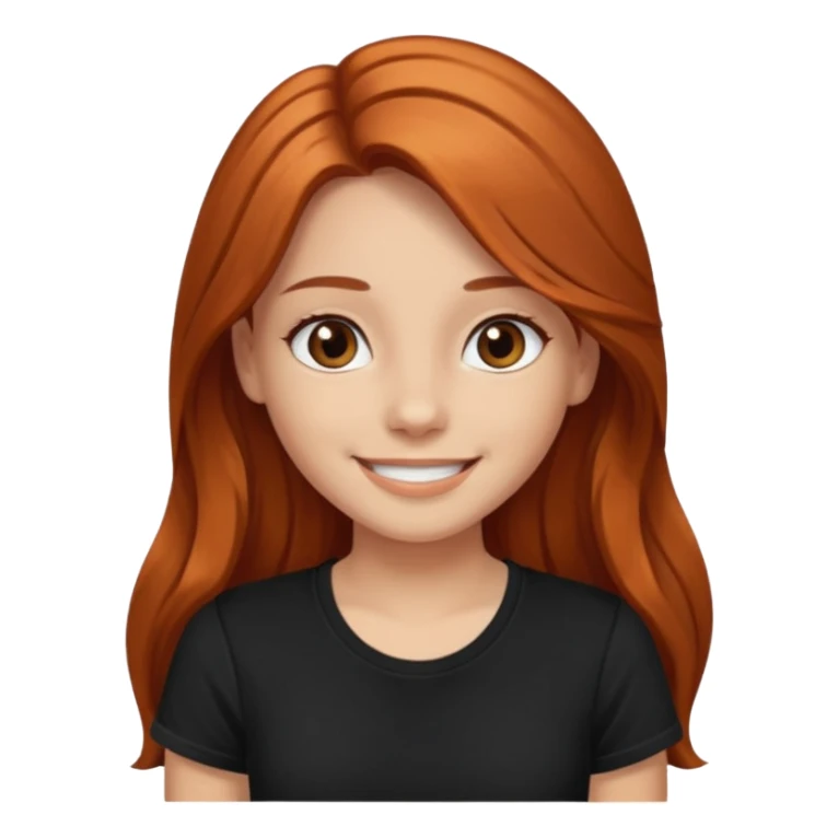 Medium copper long hair  girl  with dark brown eyes wearing a black tee sticker