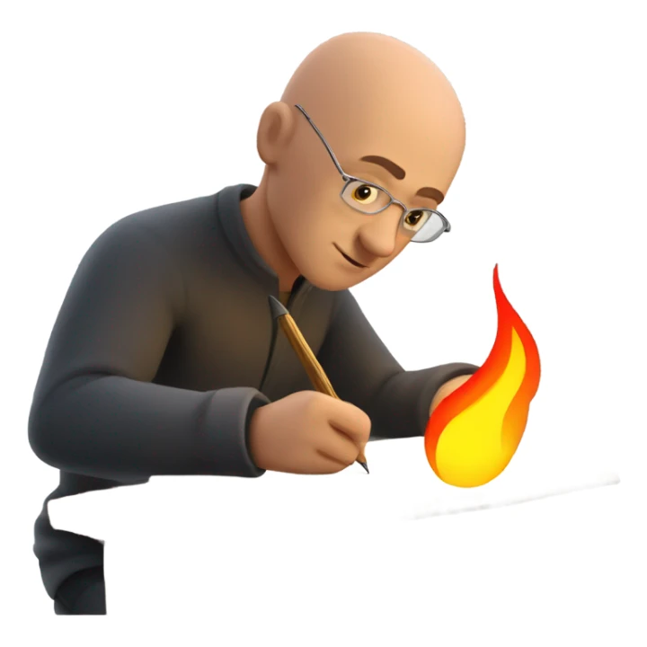 gay bald guy writing with a quill that's on fire sticker
